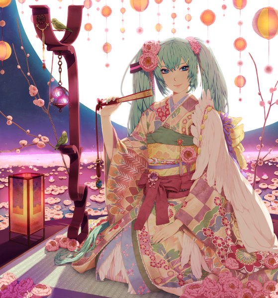 Anime picture 1768x1900 with vocaloid hatsune miku nayu single long hair tall image highres blue eyes twintails nail polish japanese clothes hair flower aqua hair night girl hair ornament flower (flowers) plant (plants) kimono moon