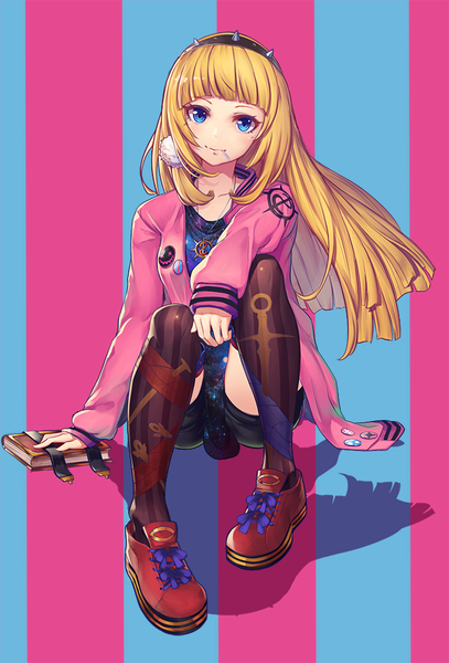 Anime picture 679x1000 with granblue fantasy kotoribako single long hair tall image looking at viewer fringe blue eyes blonde hair blunt bangs shadow striped background girl thighhighs black thighhighs shoes shorts book (books) short shorts headband