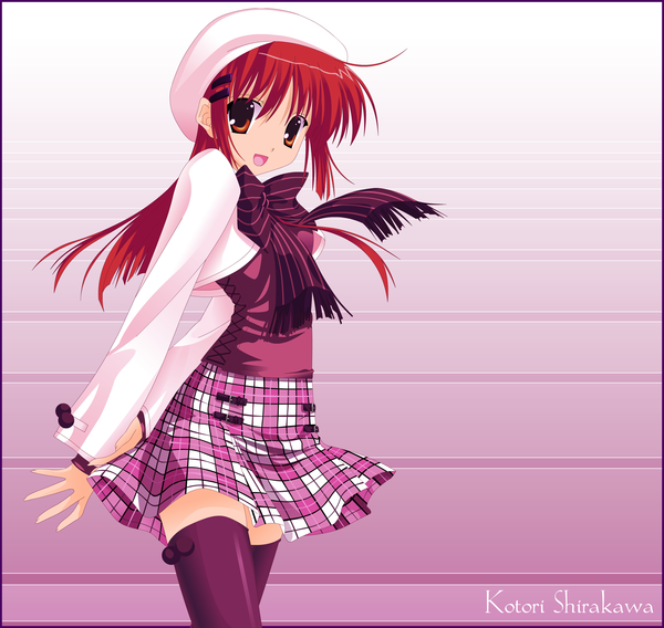 Anime picture 3254x3083 with da capo shirakawa kotori ironcid single long hair looking at viewer highres open mouth smile absurdres red hair inscription orange eyes plaid skirt framed vector girl thighhighs dress hair ornament