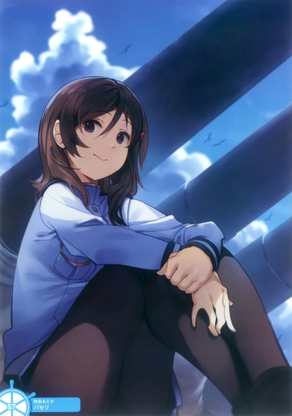 Anime picture 2701x3840 with high school fleet china moeka paseri single long hair tall image looking at viewer highres light erotic black hair sitting sky cloud (clouds) black eyes scan official art girl skirt uniform miniskirt