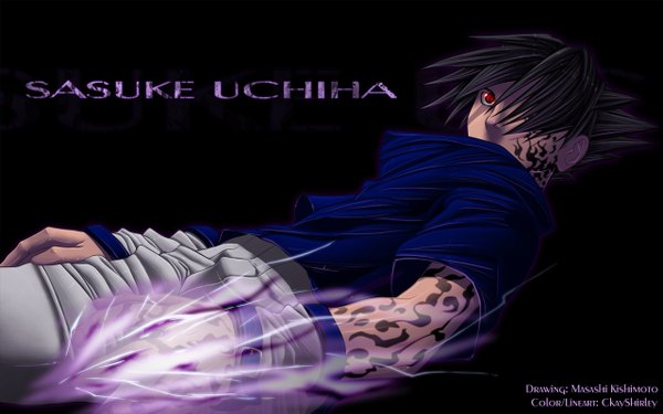 Anime picture 1280x802 with naruto studio pierrot naruto (series) uchiha sasuke ckayshirley single fringe short hair black hair simple background red eyes wide image hair over one eye inscription tattoo coloring magic black background sharingan boy