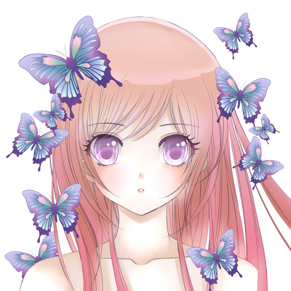 Anime picture 3000x3000 with original rurutia8 single long hair looking at viewer highres purple eyes bare shoulders pink hair parted lips transparent background girl insect butterfly