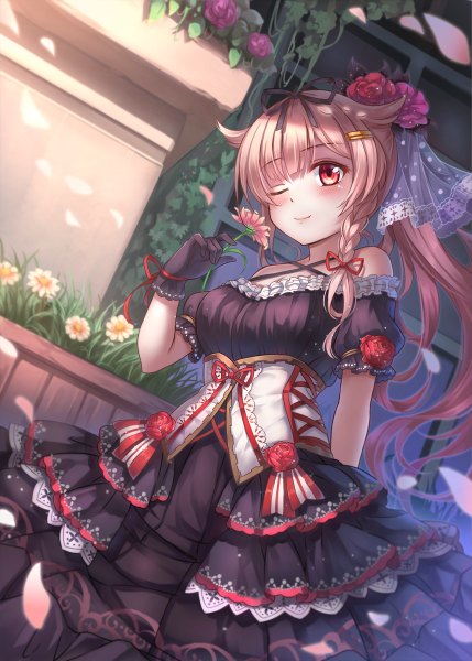 Anime picture 858x1200 with kantai collection yuudachi destroyer miazi single long hair tall image blush fringe breasts red eyes brown hair bare shoulders outdoors ponytail braid (braids) one eye closed hair flower wind wink alternate costume