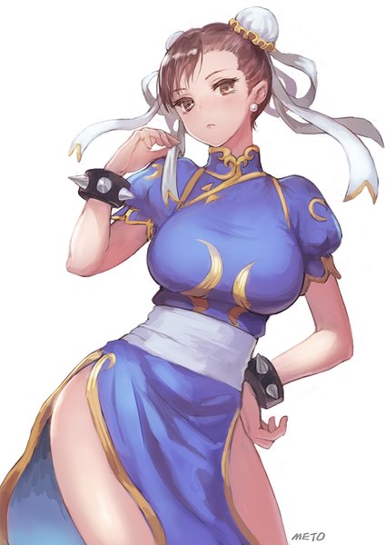 Anime picture 750x1061 with street fighter capcom chun-li meto31 single tall image looking at viewer blush short hair breasts light erotic simple background brown hair large breasts standing white background brown eyes signed traditional clothes head tilt