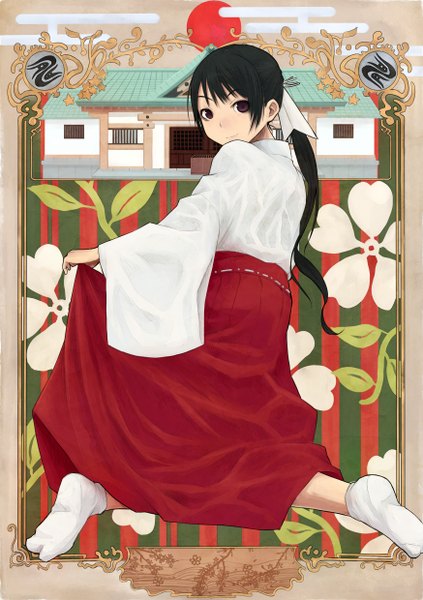 Anime picture 1748x2480 with original okiru (artist) single long hair tall image looking at viewer highres black hair brown eyes ponytail traditional clothes miko girl