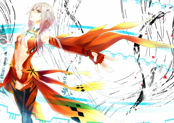 Anime picture 1200x848 with guilty crown production i.g yuzuriha inori shuu-0208 single long hair breasts light erotic red eyes pink hair center opening girl thighhighs gloves navel hair ornament black thighhighs detached sleeves hairclip bodysuit