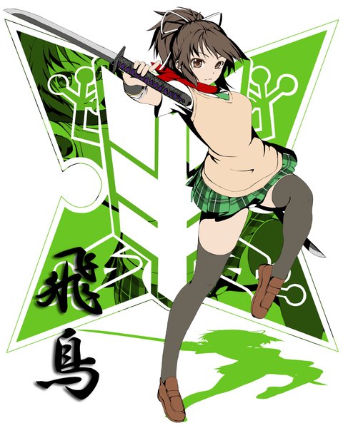 Anime picture 1000x1250 with senran kagura asuka (senran kagura) ayase tamaki single tall image short hair brown hair brown eyes girl thighhighs skirt uniform weapon black thighhighs school uniform sword katana green skirt