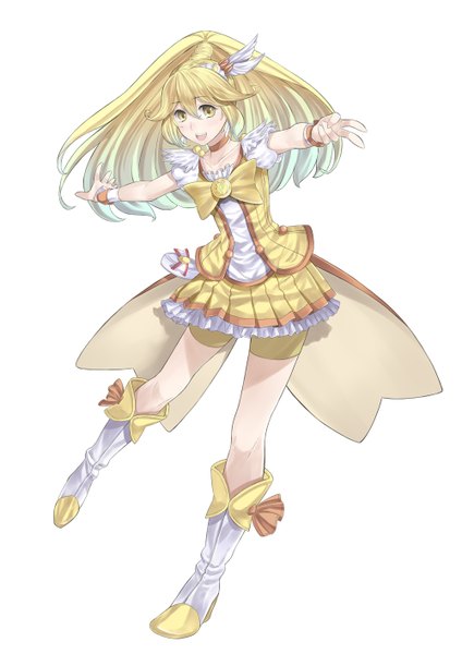 Anime picture 1000x1414 with precure smile precure! toei animation kise yayoi cure peace ray-akila single long hair tall image open mouth simple background blonde hair white background yellow eyes girl dress boots bowtie