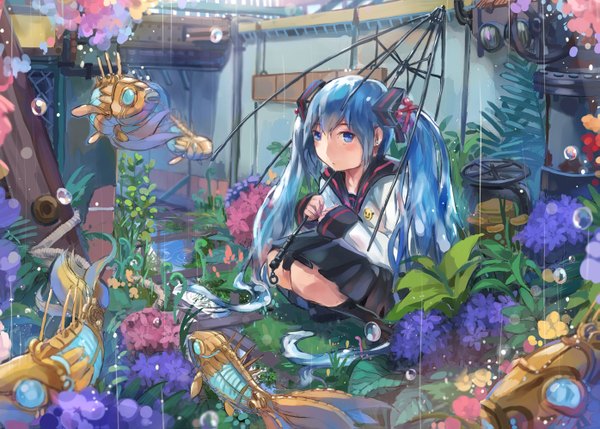 Anime picture 1395x999 with vocaloid hatsune miku dlkdhy long hair blue eyes twintails blue hair rain girl skirt flower (flowers) plant (plants) miniskirt socks serafuku black socks umbrella fish (fishes) hydrangea