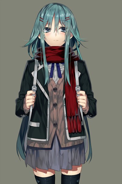 Anime picture 627x940 with original hullabaloo single long hair tall image looking at viewer blush blue eyes simple background standing pleated skirt aqua hair girl thighhighs skirt uniform black thighhighs school uniform scarf