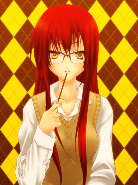Anime picture 1200x1600 with harukaze tsukushi single long hair tall image looking at viewer yellow eyes red hair girl uniform school uniform shirt glasses sweets vest pocky