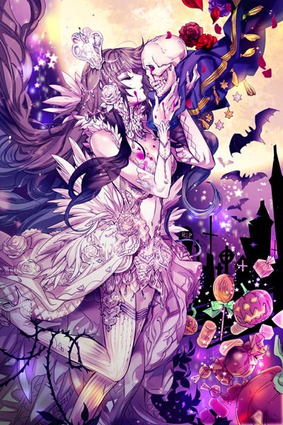 Anime picture 740x1110 with devil maker a.il single long hair tall image brown hair standing bare shoulders bent knee (knees) eyes closed night bare belly night sky halloween pale skin kiss bat wings almost kiss girl thighhighs