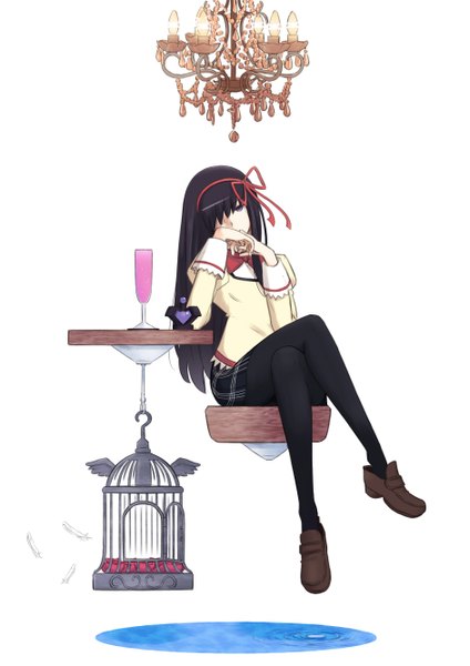 Anime picture 942x1333 with mahou shoujo madoka magica shaft (studio) akemi homura itahukas single long hair tall image looking at viewer fringe black hair hair between eyes white background sitting purple eyes hair over one eye crossed legs girl uniform ribbon (ribbons) hair ribbon