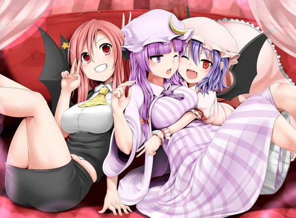 Anime picture 1505x1110 with touhou remilia scarlet patchouli knowledge koakuma miki plus long hair short hair open mouth red eyes purple eyes multiple girls purple hair ahoge red hair victory girl dress wings 3 girls bonnet