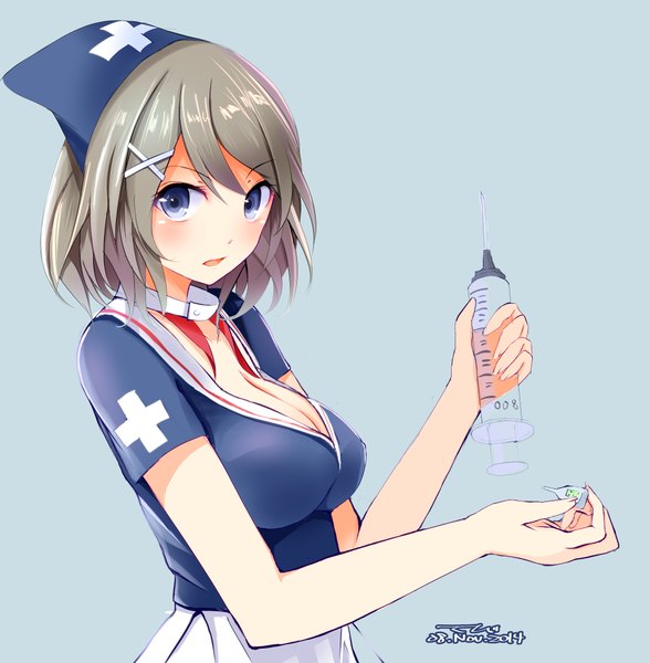 Anime picture 1960x2000 with kantai collection maya heavy cruiser tebi (tbd11) single tall image looking at viewer blush highres short hair breasts open mouth blue eyes simple background large breasts signed cleavage silver hair dated blue background nurse