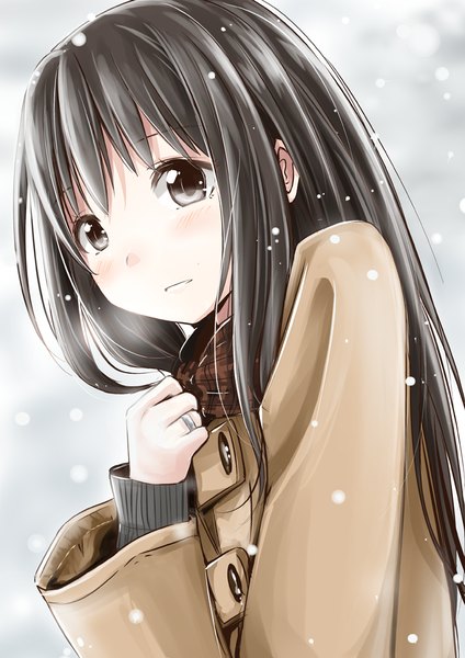 Anime picture 707x1000 with original u u (mooooooou) single long hair tall image looking at viewer blush open mouth black hair simple background grey eyes snowing winter exhalation girl scarf ring coat