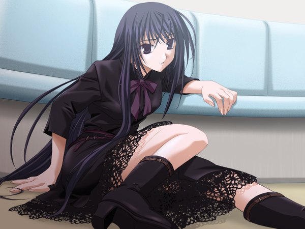 Anime picture 1280x960 with ever 17 komachi tsugumi single long hair looking at viewer black hair sitting black eyes girl ribbon (ribbons) boots