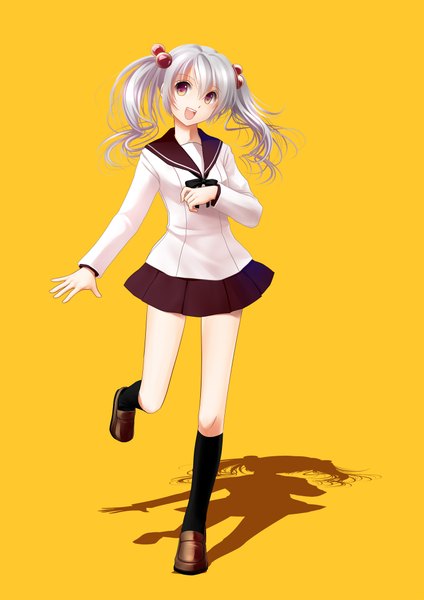 Anime picture 1447x2046 with original nacht single long hair tall image open mouth simple background twintails brown eyes silver hair shadow yellow background girl skirt uniform hair ornament school uniform socks black socks hair tie