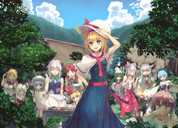 Anime picture 1421x1024 with touhou remilia scarlet izayoi sakuya alice margatroid cirno fujiwara no mokou hong meiling kamishirasawa keine hieda no akyuu shinki (touhou) mima yumeko ellen sokrates (touhou) culter long hair fringe short hair breasts blue eyes