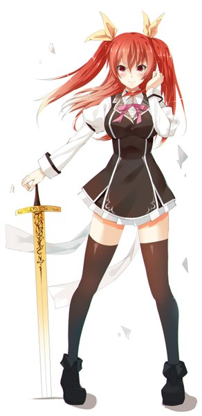 Anime picture 1536x3150 with rakudai kishi no cavalry stella vermillion csai (sain) single long hair tall image looking at viewer blush fringe breasts smile hair between eyes red eyes standing twintails red hair girl thighhighs weapon black thighhighs