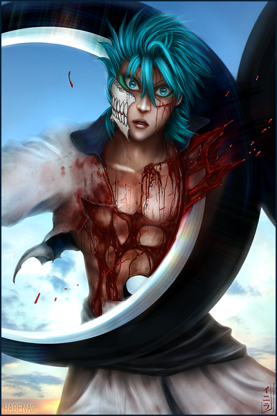 Anime picture 1000x1500 with bleach studio pierrot grimmjow jeagerjaques inira single tall image short hair blue eyes sky cloud (clouds) traditional clothes japanese clothes lips sunlight realistic aqua hair torn clothes scar muscle espada