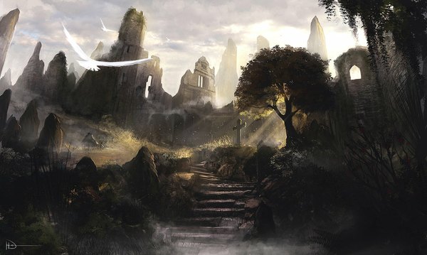 Anime picture 1024x614 with ninjatic wide image signed sky cloud (clouds) sunlight no people ruins plant (plants) animal tree (trees) bird (birds) cross stairs stone (stones)