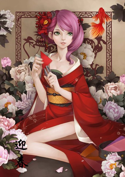 Anime picture 2480x3508 with original dong xiao single tall image highres short hair sitting green eyes purple hair japanese clothes hair flower girl hair ornament flower (flowers) petals belt kimono fish (fishes) paper scissors