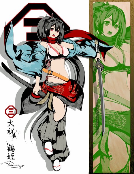 Anime picture 1000x1291 with ayase tamaki single long hair tall image open mouth black hair red eyes ponytail japanese clothes midriff girl navel weapon sword katana