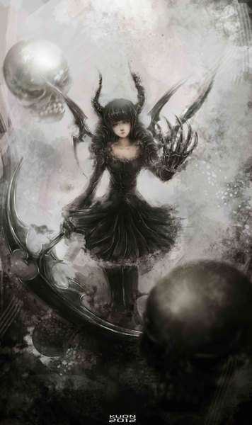 Anime picture 3508x5906 with black rock shooter dead master kuon (kwonchanji) long hair tall image looking at viewer highres black hair absurdres horn (horns) fingernails long fingernails black wings girl dress black dress skull scythe
