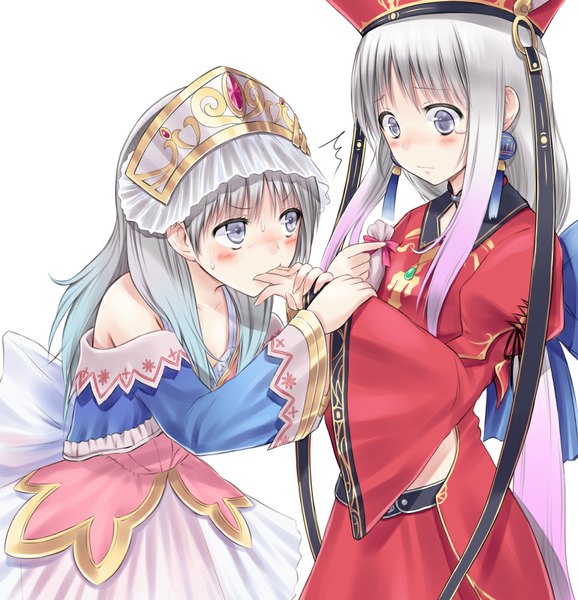 Anime picture 964x1000 with atelier (series) atelier totori gust (company) totooria helmold judith volltone suzushiro yukari long hair tall image blush simple background white background multiple girls silver hair shoujo ai silver eyes girl dress hair ornament ribbon (ribbons) 2 girls