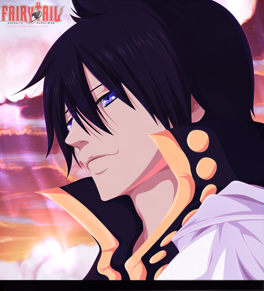 Anime picture 1000x1102 with fairy tail zeref zetsu-c single tall image short hair black hair smile purple eyes sky cloud (clouds) sunlight inscription coloring glowing portrait close-up face glowing eye (eyes) smirk