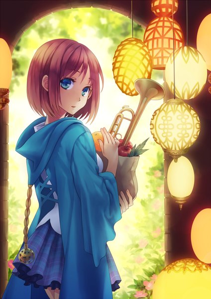 Anime picture 707x1000 with original yamyom single tall image short hair blue eyes pink hair looking back girl dress fruit apple