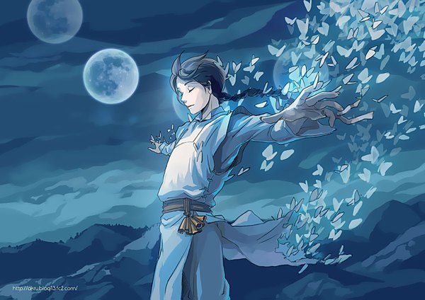 Anime picture 1300x919 with original akru (artist) single black hair braid (braids) eyes closed traditional clothes night spread arms mountain boy insect butterfly moon full moon