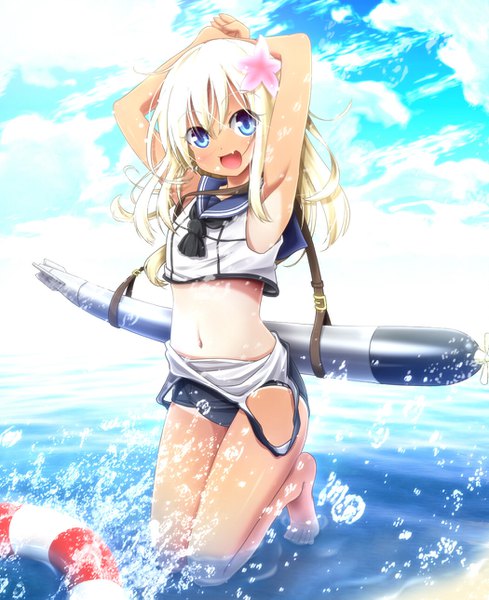 Anime picture 1050x1289 with kantai collection ro-500 submarine evandragon single long hair tall image looking at viewer blush open mouth blue eyes light erotic blonde hair smile sky cloud (clouds) full body barefoot hair flower arms up armpit (armpits)