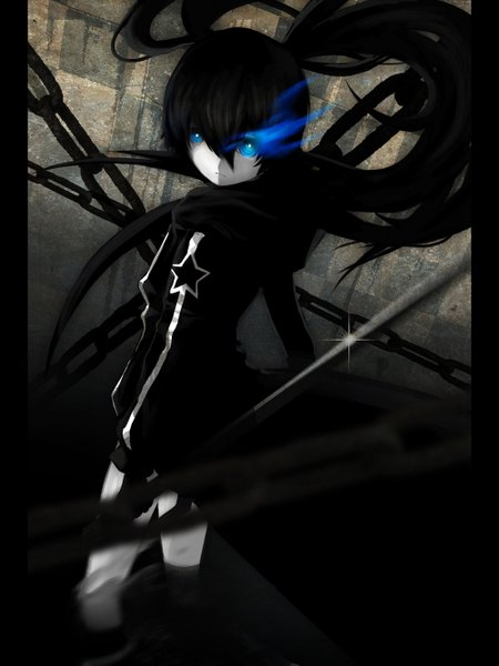 Anime picture 1000x1333 with black rock shooter black rock shooter (character) single long hair tall image looking at viewer blue eyes black hair twintails glowing glowing eye (eyes) girl weapon sword jacket shorts katana chain