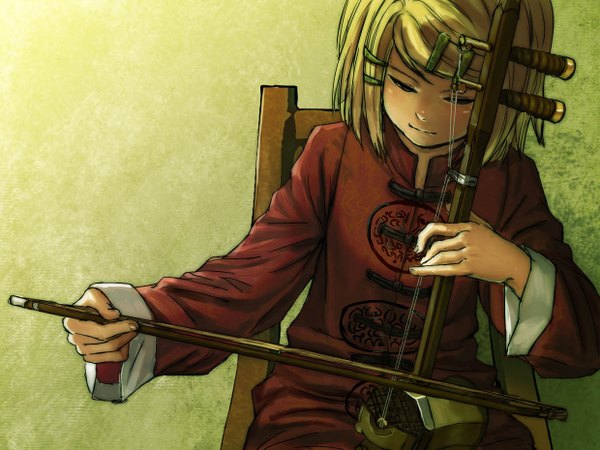 Anime picture 1240x930 with vocaloid tsumugi uta (vocaloid) kagamine rin horuda short hair blue eyes blonde hair smile eyes closed chinese clothes girl hair ornament hairclip musical instrument bow (instrument) erhu