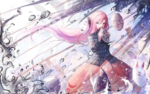 Anime picture 2048x1280 with touhou hata no kokoro sishenfan single looking at viewer fringe highres hair between eyes holding pink hair long sleeves very long hair pink eyes floating hair covering covered mouth plaid abstract girl skirt