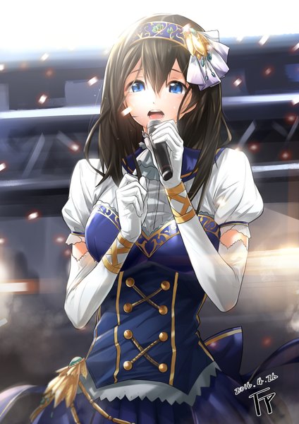 Anime picture 2480x3508 with idolmaster idolmaster cinderella girls sagisawa fumika fpanda single long hair tall image looking at viewer highres open mouth blue eyes black hair bright memories girl dress gloves elbow gloves white gloves hairband microphone