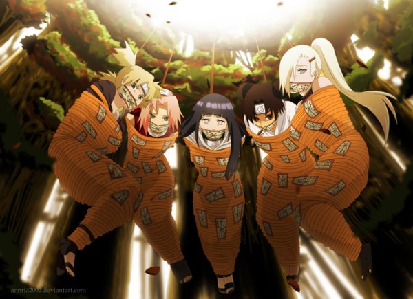 Anime picture 1280x930 with naruto studio pierrot naruto (series) hyuuga hinata haruno sakura yamanaka ino temari (naruto) tenten annria2002 fringe black hair blonde hair brown hair multiple girls pink hair ponytail hair over one eye hair bun (hair buns) group bondage