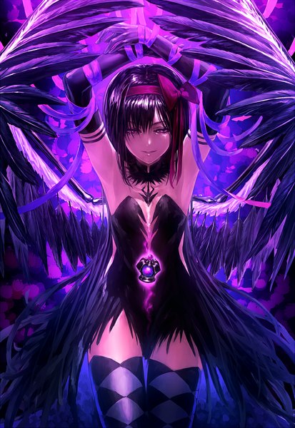 Anime picture 704x1023 with mahou shoujo madoka magica shaft (studio) akemi homura akuma homura lain (rinlain) single long hair tall image looking at viewer light erotic black hair purple eyes arms up black wings magical girl restrained girl thighhighs dress gloves