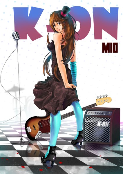 Anime picture 1000x1415 with k-on! kyoto animation akiyama mio woxiljj long hair tall image brown hair looking back black eyes girl dress petals guitar microphone stand speakers bass guitar