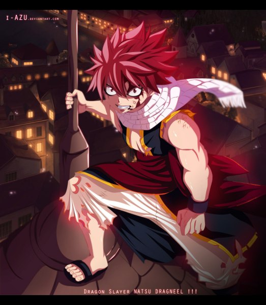 Anime picture 1072x1230 with fairy tail natsu dragneel i-azu single tall image short hair red eyes pink hair inscription sleeveless grin coloring torn clothes city muscle angry boy scarf building (buildings) blood