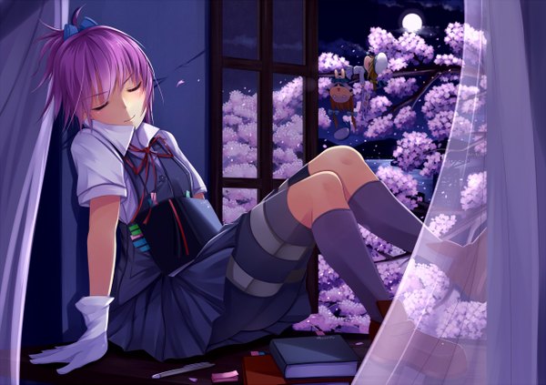 Anime picture 1300x917 with kantai collection shiranui destroyer fairy (kantai collection) suohachi short hair pink hair eyes closed night cherry blossoms girl skirt gloves flower (flowers) bow plant (plants) hair bow tree (trees) socks window book (books)