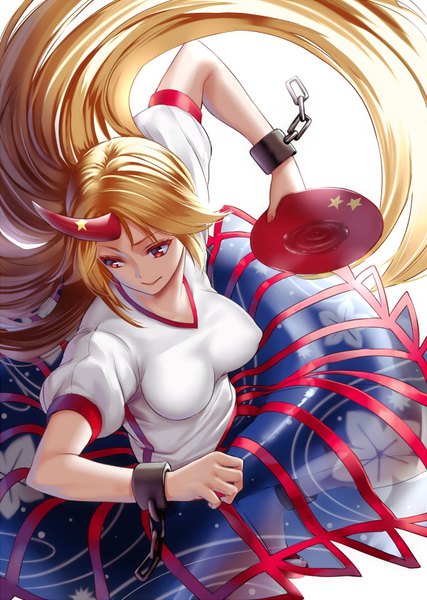 Anime picture 600x843 with touhou hoshiguma yuugi takemori shintarou single long hair tall image light erotic blonde hair red eyes white background looking away horn (horns) from above girl skirt star (symbol) chain alcohol shackles sake