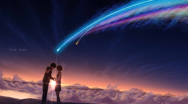 Anime picture 7015x3879 with kimi no na wa miyamizu mitsuha tachibana taki masabodo highres short hair black hair smile brown hair wide image standing looking away absurdres sky cloud (clouds) full body profile pleated skirt wind wallpaper