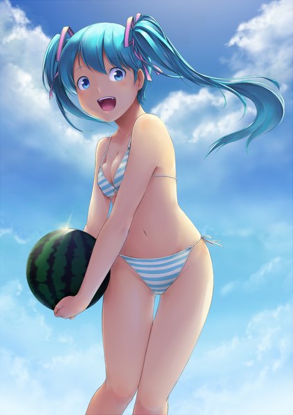 Anime picture 1301x1841 with vocaloid hatsune miku akama zenta single long hair tall image blush open mouth blue eyes twintails sky cloud (clouds) aqua hair girl navel swimsuit bikini food fruit berry (berries)