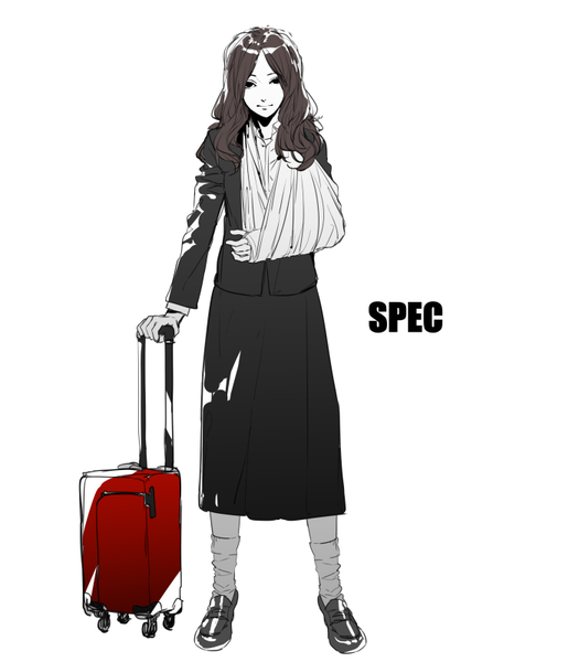 Anime picture 700x800 with spec touma saya pizaya single long hair tall image looking at viewer simple background brown hair standing white background full body monochrome wavy hair plaster cast girl socks shoes loafers suitcase