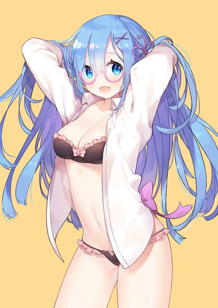 Anime picture 800x1129 with re:zero kara hajimeru isekai seikatsu white fox rem (re:zero) ayami (annahibi) single long hair tall image looking at viewer fringe open mouth blue eyes light erotic simple background hair between eyes blue hair :d open shirt adjusting hair alternate hairstyle yellow background