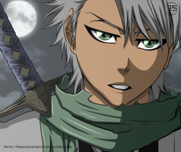 Anime picture 1444x1212 with bleach studio pierrot hitsugaya toushirou akira-12 single short hair green eyes signed sky cloud (clouds) grey hair coloring close-up face boy weapon sword scarf katana full moon