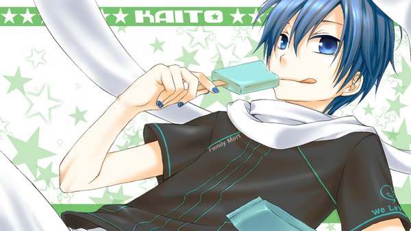 Anime picture 1000x562 with vocaloid kaito (vocaloid) tagme (artist) single short hair blue eyes wide image white background blue hair :p green background boy food sweets tongue scarf star (symbol) ice cream